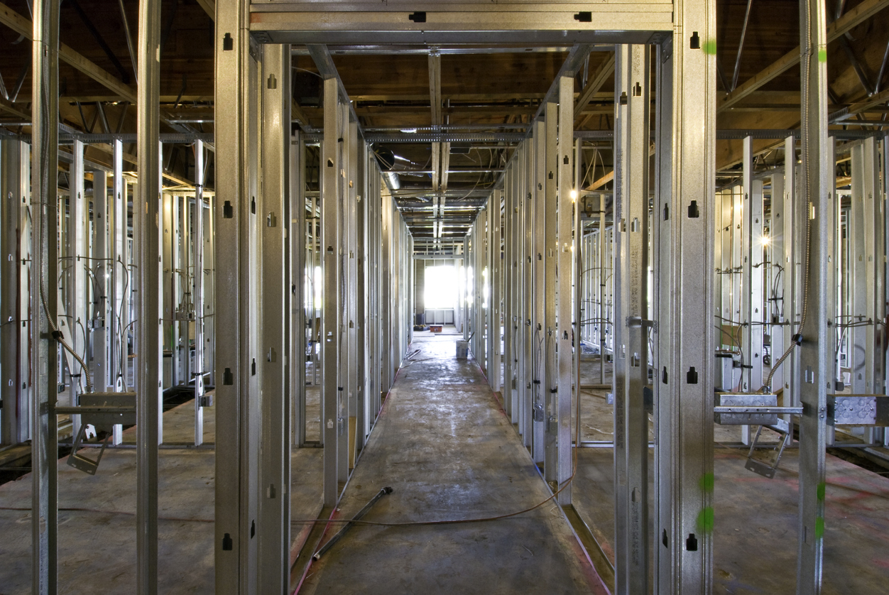 Steel stud framing on a construction site