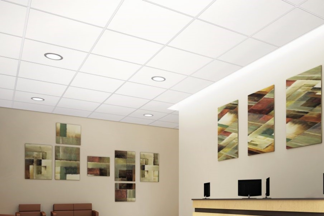 Suspended T-bar ceiling grid in a commercial space